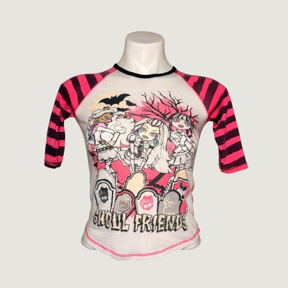 Y2K Monster High Ghoul Friends Graphic Tee Pink Striped Baby Tee Scene #15